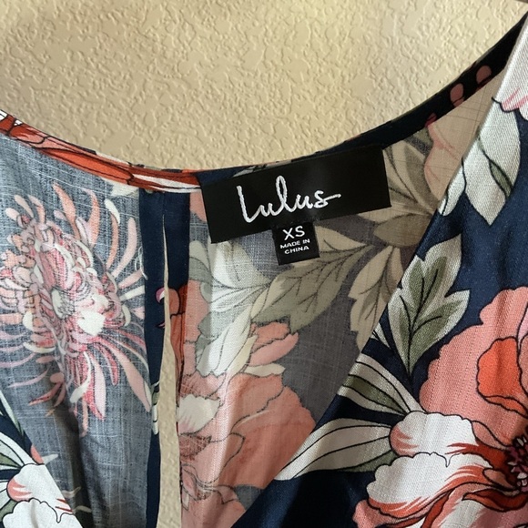 Lulus Womens Botanic Of Time Navy Blue Floral Print Tie-Front Skater Dress Sz XS - Picture 5 of 7